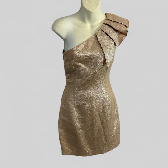 Trina Turk Gold Shimmer one shoulder embellished formal mini dress glam - Picture 1 of 11